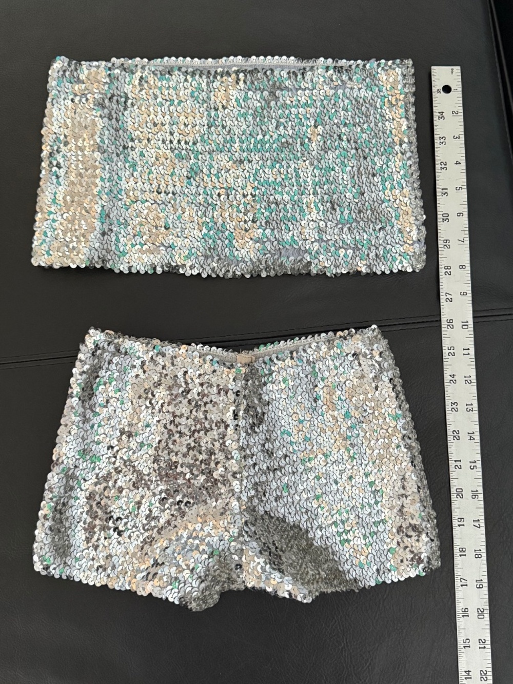 Silver sequin shorts and tube top matching set for festival or Rave